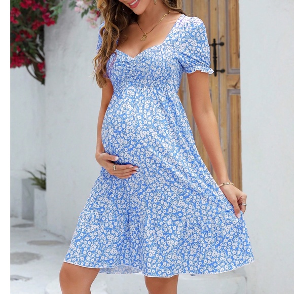 Maternity Floral Print Puff Sleeve High Waisted Ruffle Hem Mini Dress - Picture 2 of 8